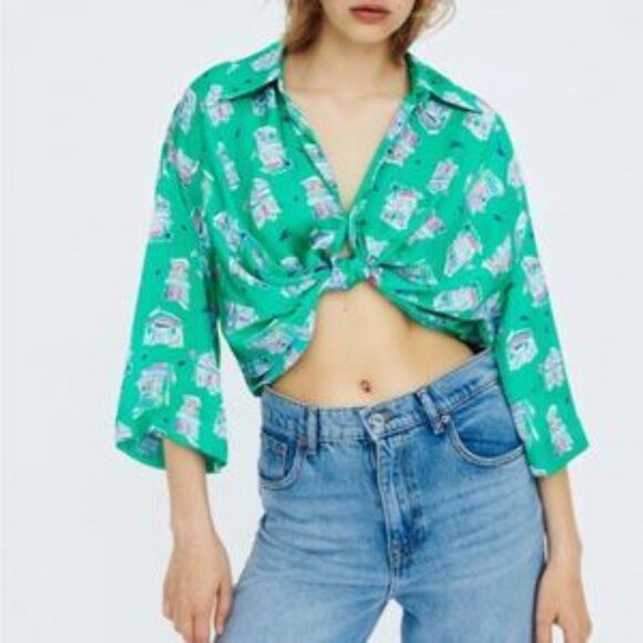 Zara Women's Knotted Collard Open V~Neck Green Satin Shops Print Crop Blouse M - Picture 3 of 8